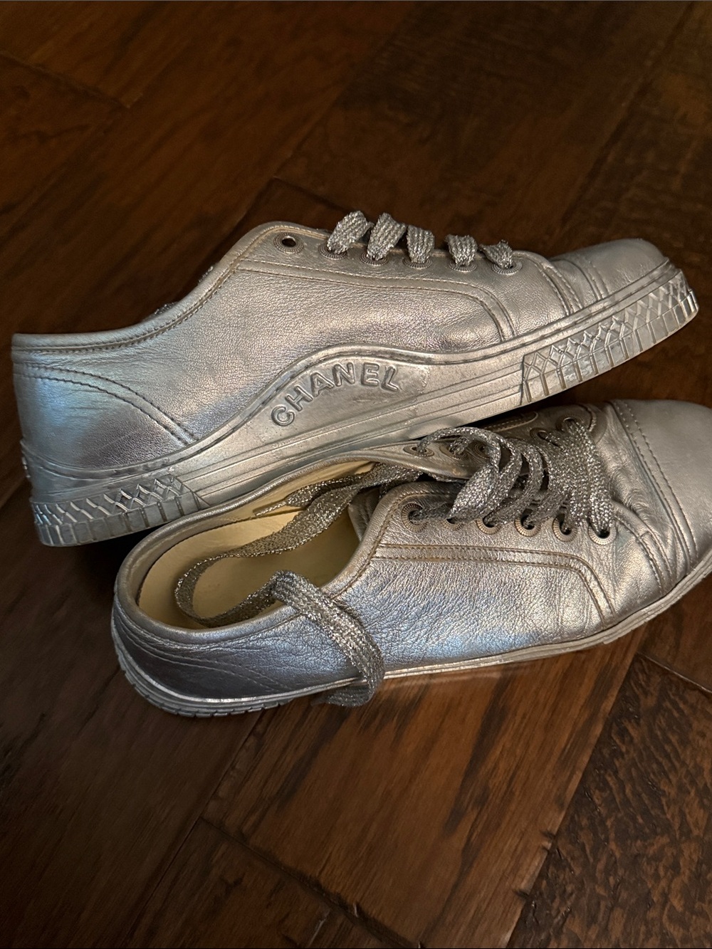 CHANEL Metallic Silver Leather Sneakers with Glitter Laces